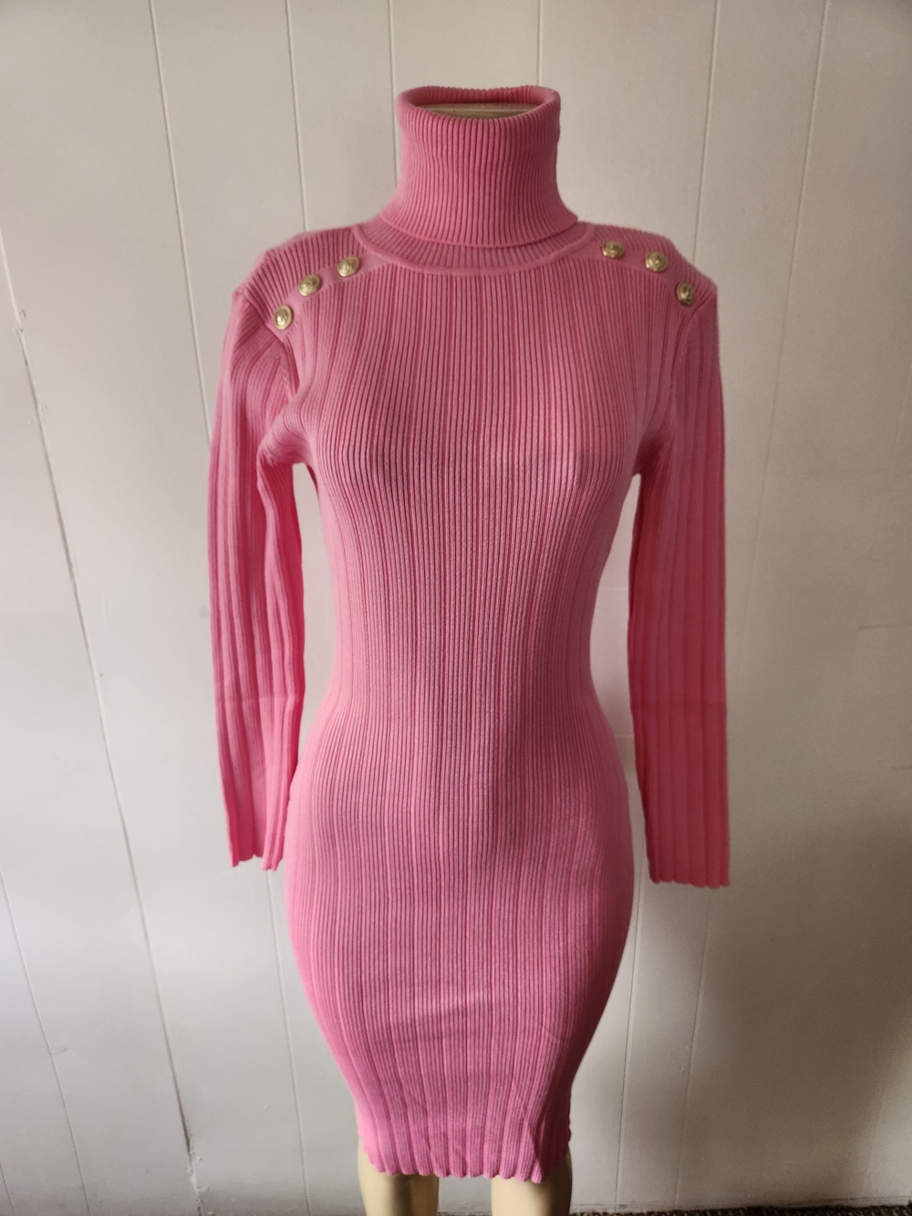 Long Sleeve Pink Ribbed Turtleneck Bodycon Dress w/ Shoulder Buttons Size Large